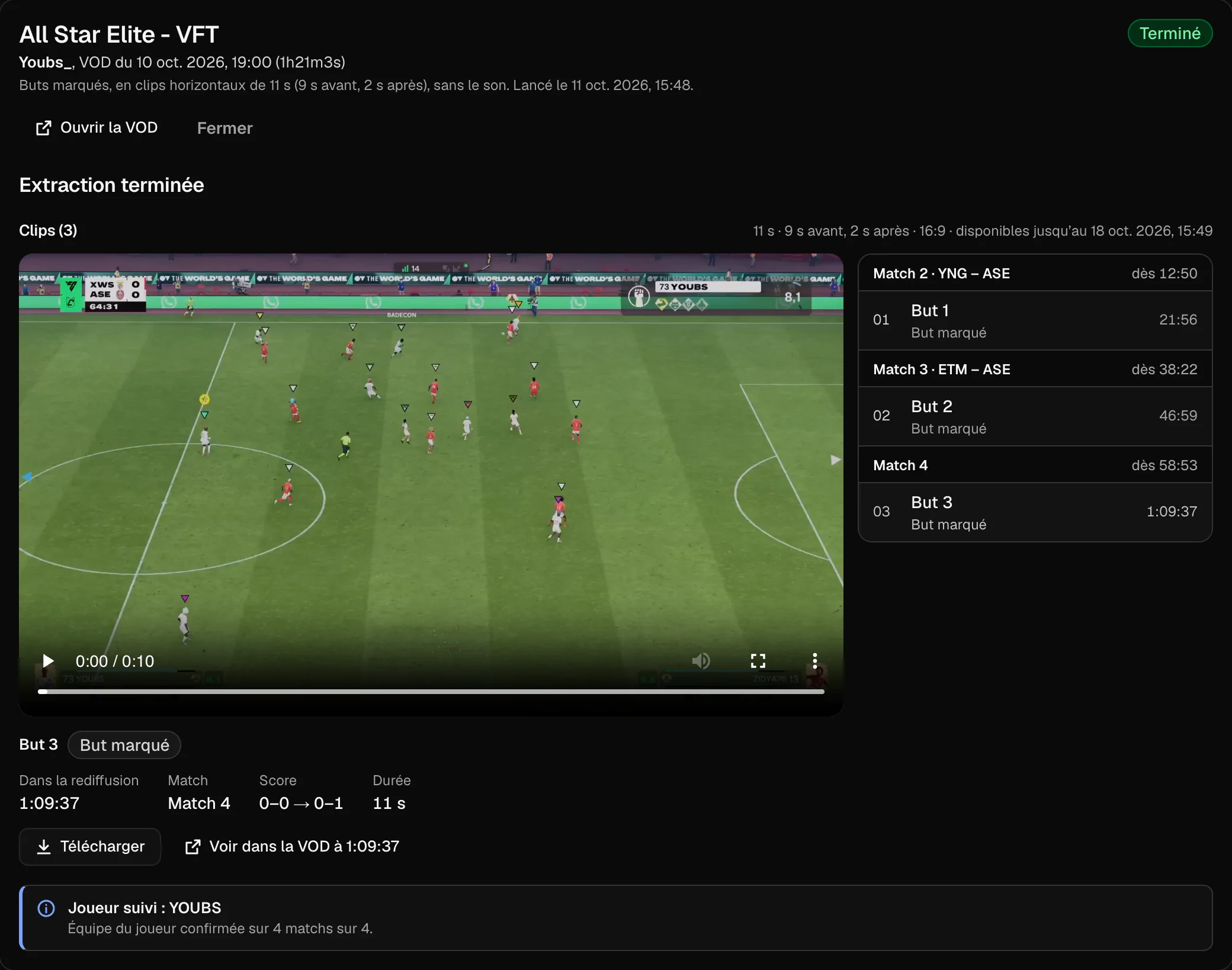 Vidioq results screen: three goals scored found in the VOD, with the player, the score before and after the goal, and the clips listed by match.