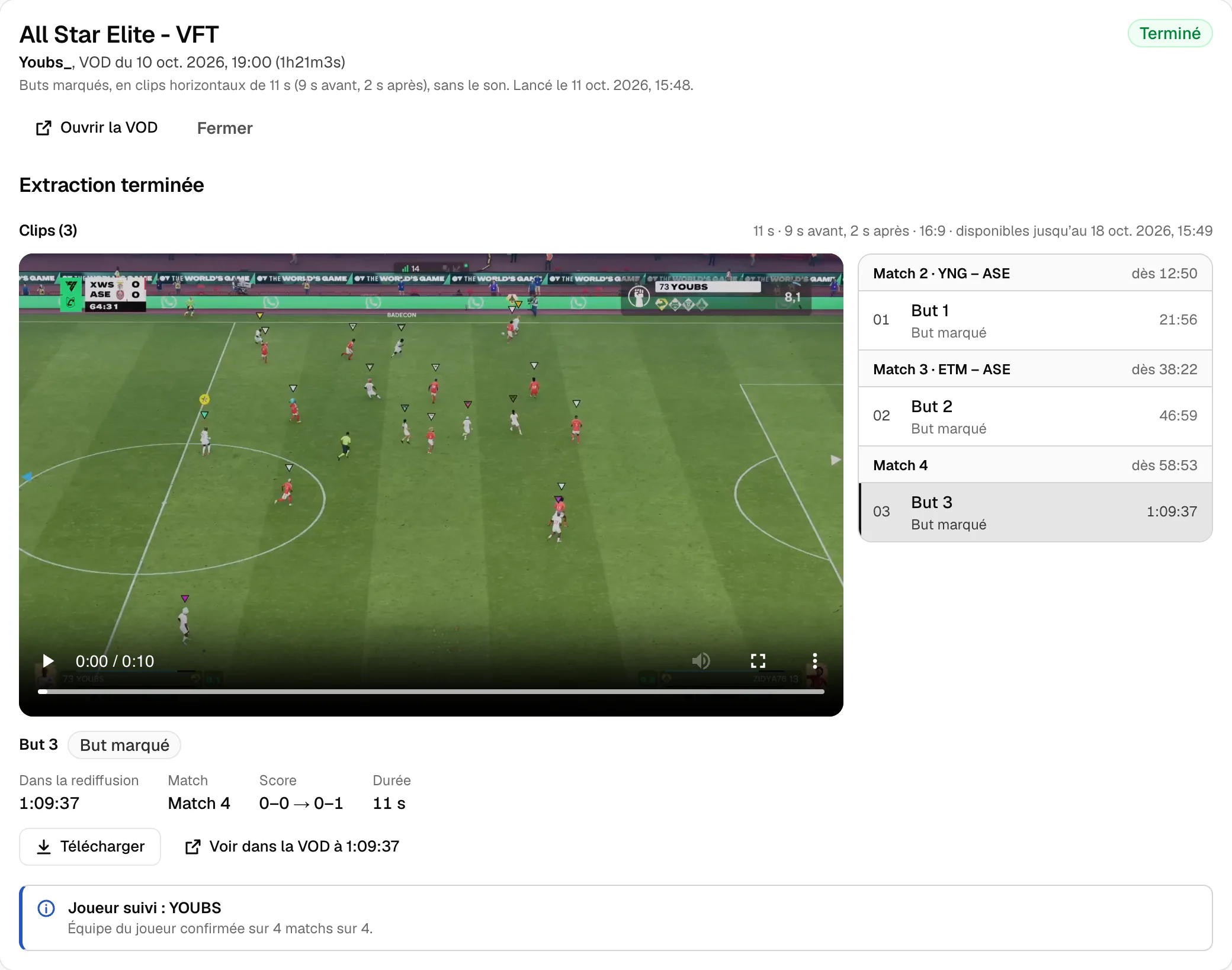Vidioq results screen: three goals scored found in the VOD, with the player, the score before and after the goal, and the clips listed by match.